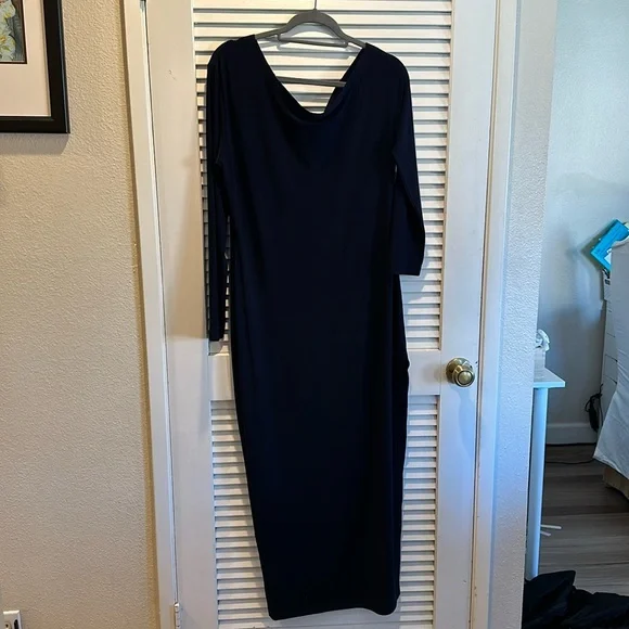 Norma Kamali Dress- Long Sleeve Drop Shoulder Side Slit Gown - True Navy-Large - Picture 12 of 14